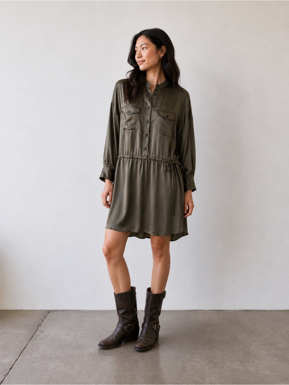 Zadig & Voltaire Romeo Satin Shirt Dress XS Olive Brown Drawstring Waist